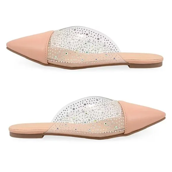 Nicole Miller ✦ Rhinestone Mule Flats ✦ Nude Sequin Pointed Toe Pull-On Style 7